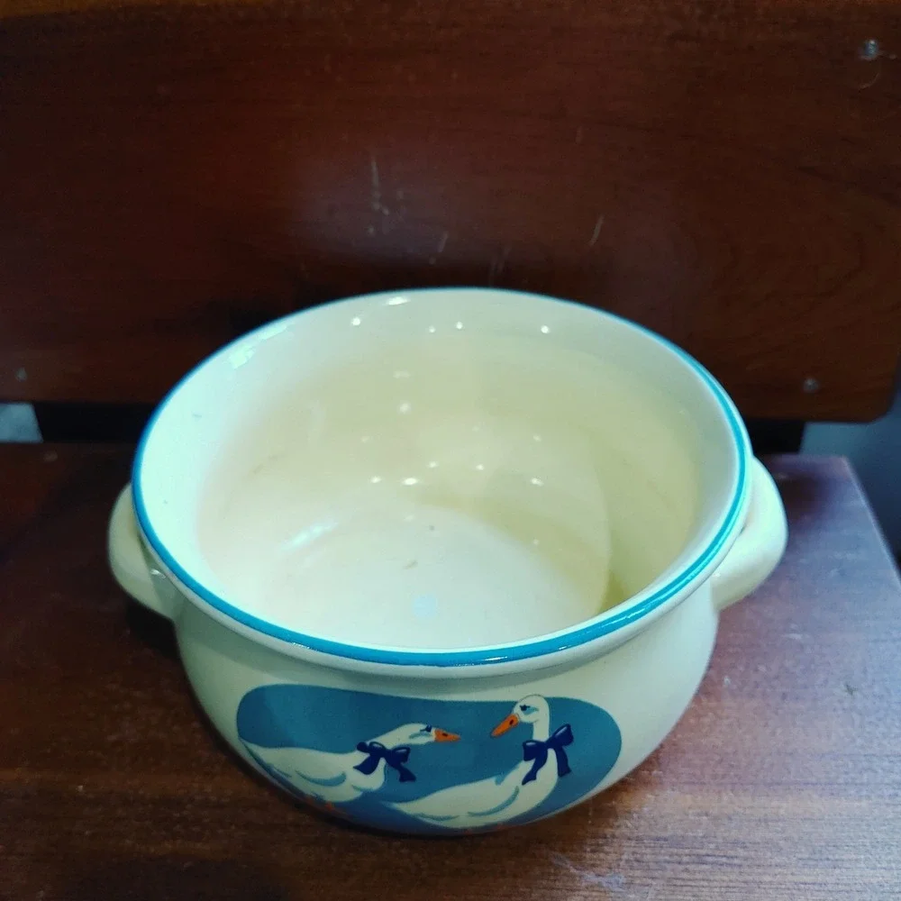 Vtg Otagiri 1985 Country Goose Ceramic Soup Bowl Trinket Crock Handles Cottage